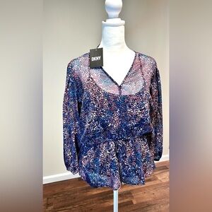 DKNY WOMEN’S PRINTED TIE WAIST TOP BLOUSE | NWT